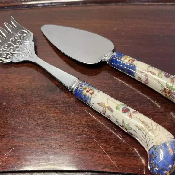 Cobalt blue Enamel Floral Charcuterie Fork & Spatula‎ Sheffield England - Picture 1 of 9